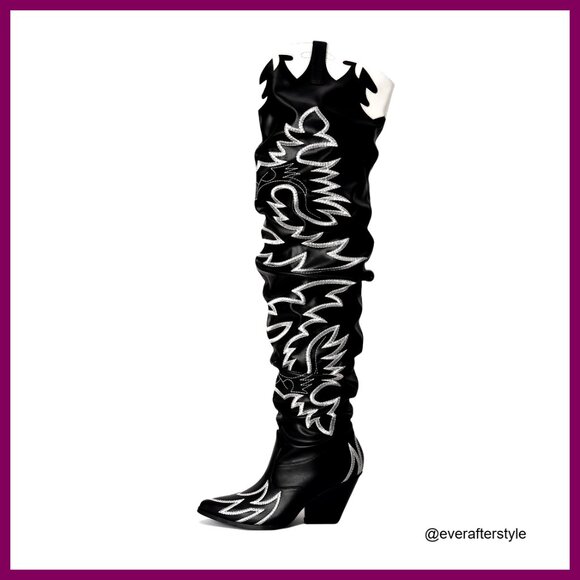 Western Thigh High Over The Knee Cowboy Boots Chunky Block Heel Fashion
